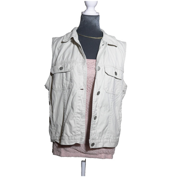 Eddie Bauer Jackets & Blazers - Eddie Bauer Denim Vest Ivory Sz L 100% Cotton VTG Casual Summer Hong Kong EUC